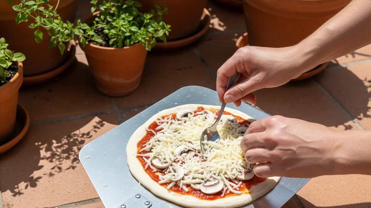 Mini fond de pizza sur une spatule en métal avec sauce et fromage