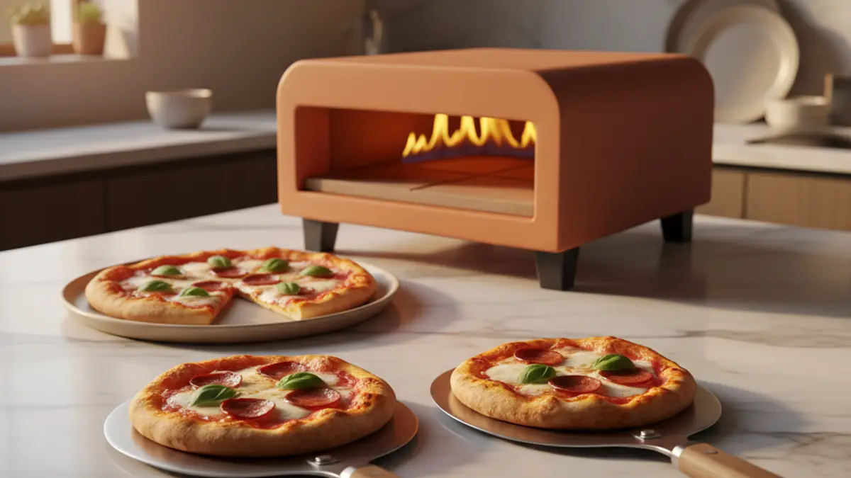 Twee kleine bakscheppen met mini pizza's naast een terracotta tafeloven