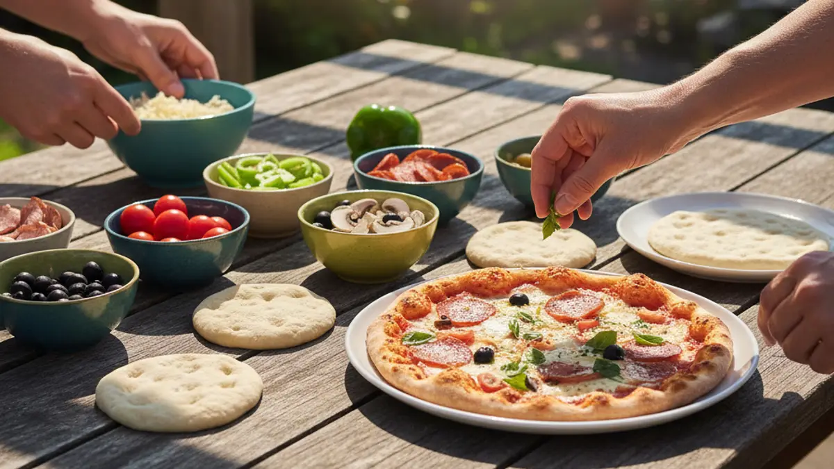 Schaaltjes met verse toppings en deegbolletjes op een houten tafel