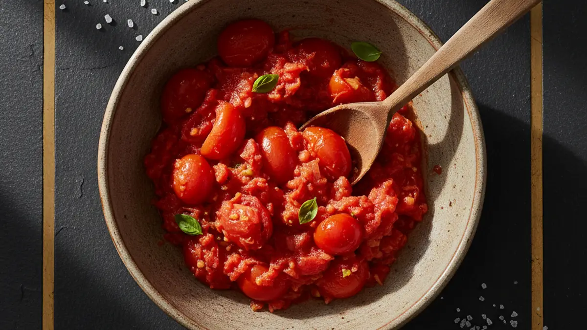 Sauce tomate crue avec morceaux de tomates pelées dans un bol