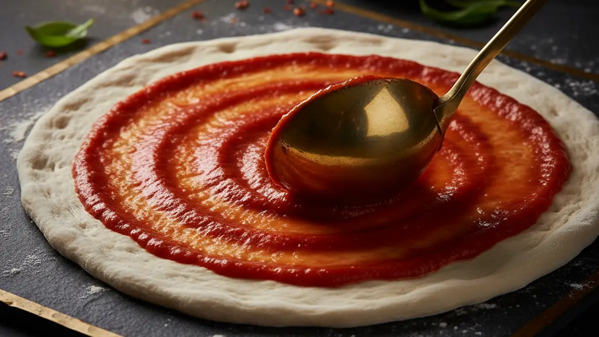 Étalage d'une sauce pizza rouge à la cuillère sur une pâte fraîche