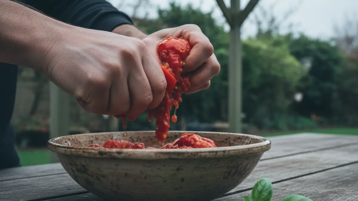 Hele San Marzano tomaten fijnknijpen met de hand in een kom