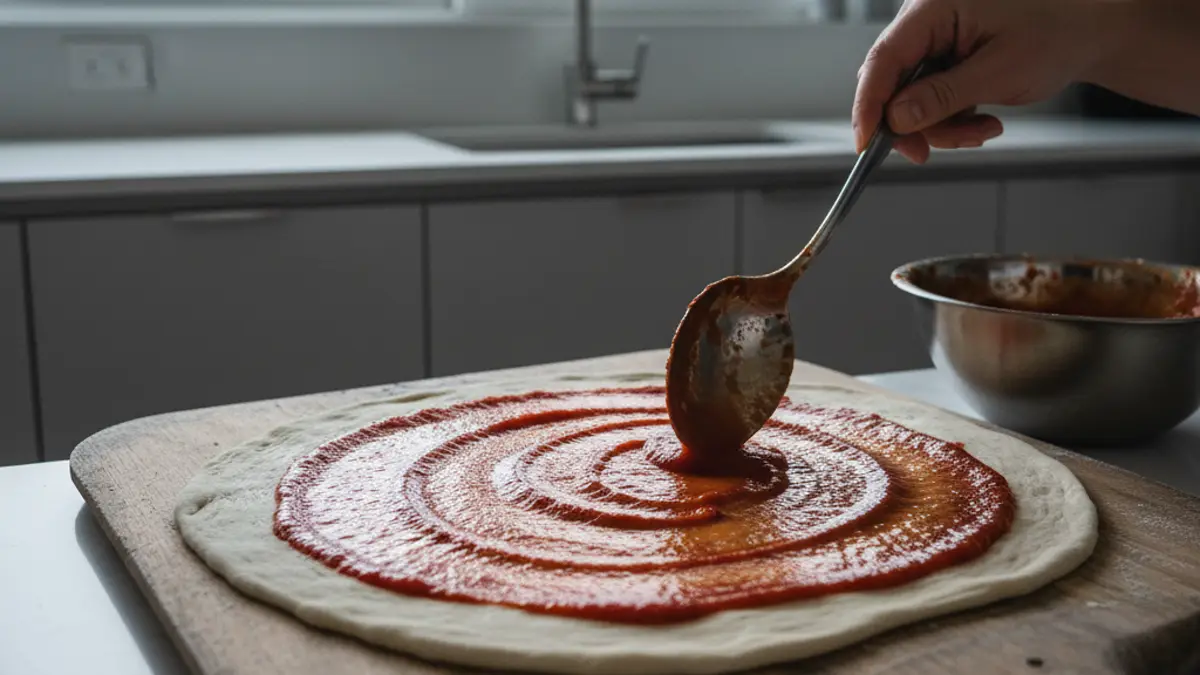 Rauwe tomatensaus verdelen over uitgerekt pizzadeeg op een houten schep