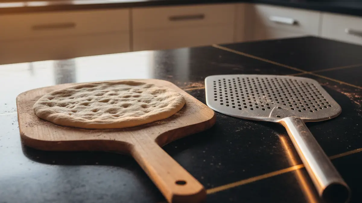 Pelles à pizza en bois et en aluminium sur un plan de travail