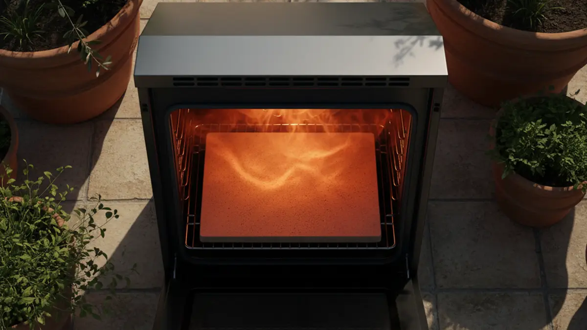 Une pierre à pizza rectangulaire en cordiérite sur la grille d'un four de cuisine chaud