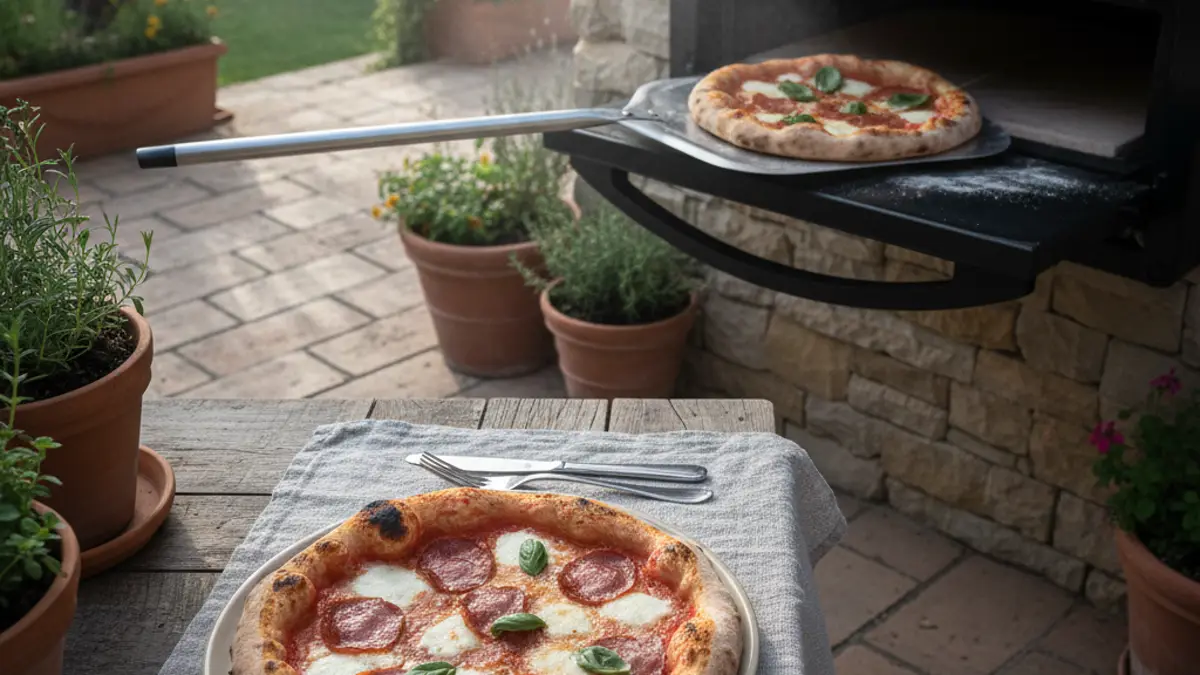 Une pizza fraîche glissée sur une pierre à pizza chaude à l'aide d'une pelle à pizza