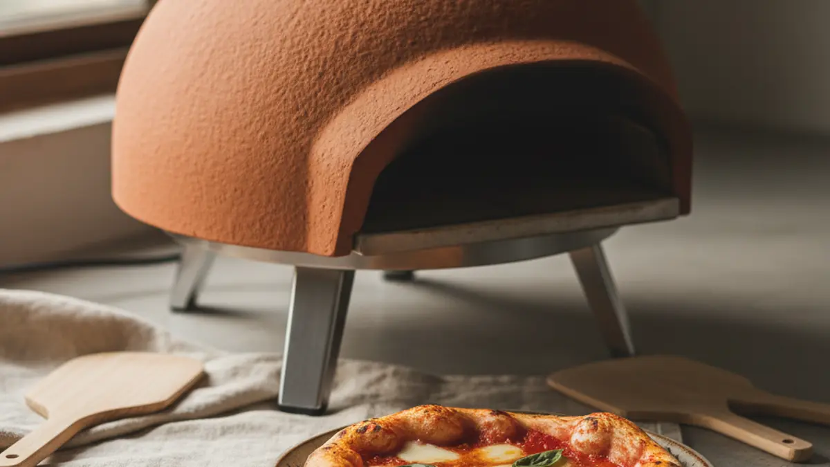 Mini-four à pizza sur table avec dôme en terre cuite et garnitures