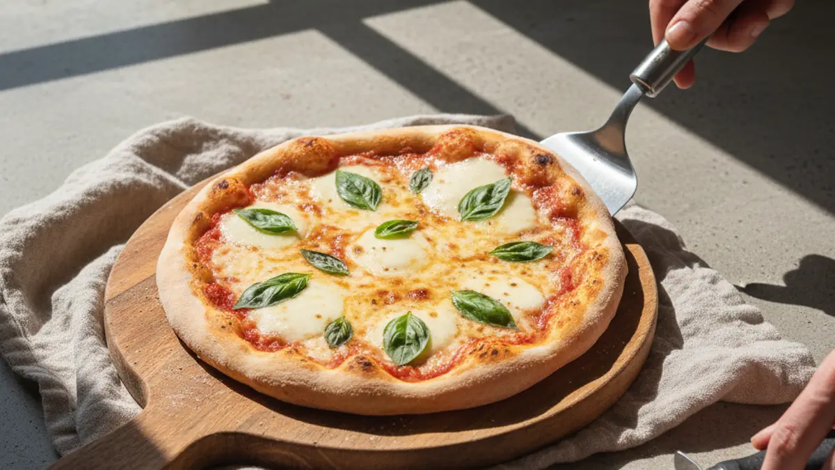 Mini-pizza sur une spatule en acier inoxydable prête pour le four