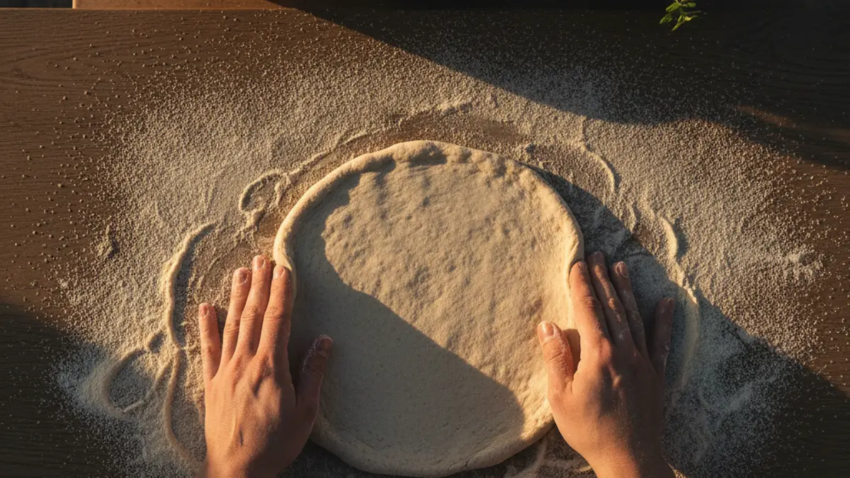 Étirage d'une pâte à pizza intégrale sur un plan de travail en bois avec de la semoule