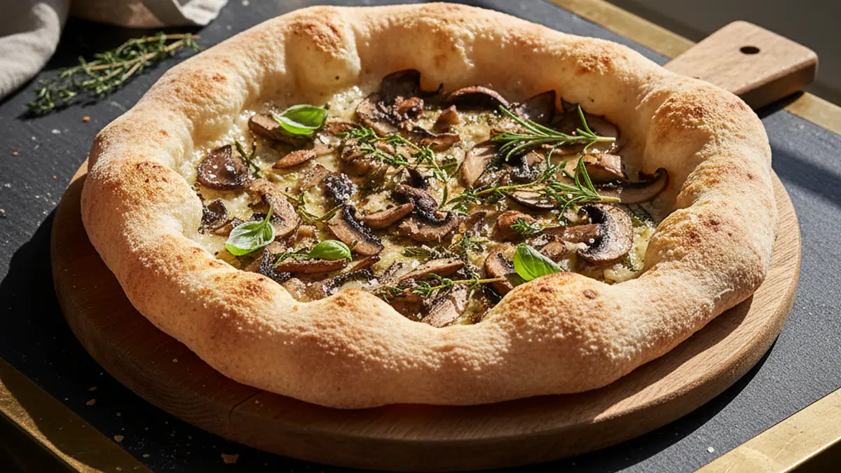 Pizza intégrale cuite avec croûte aérée et champignons