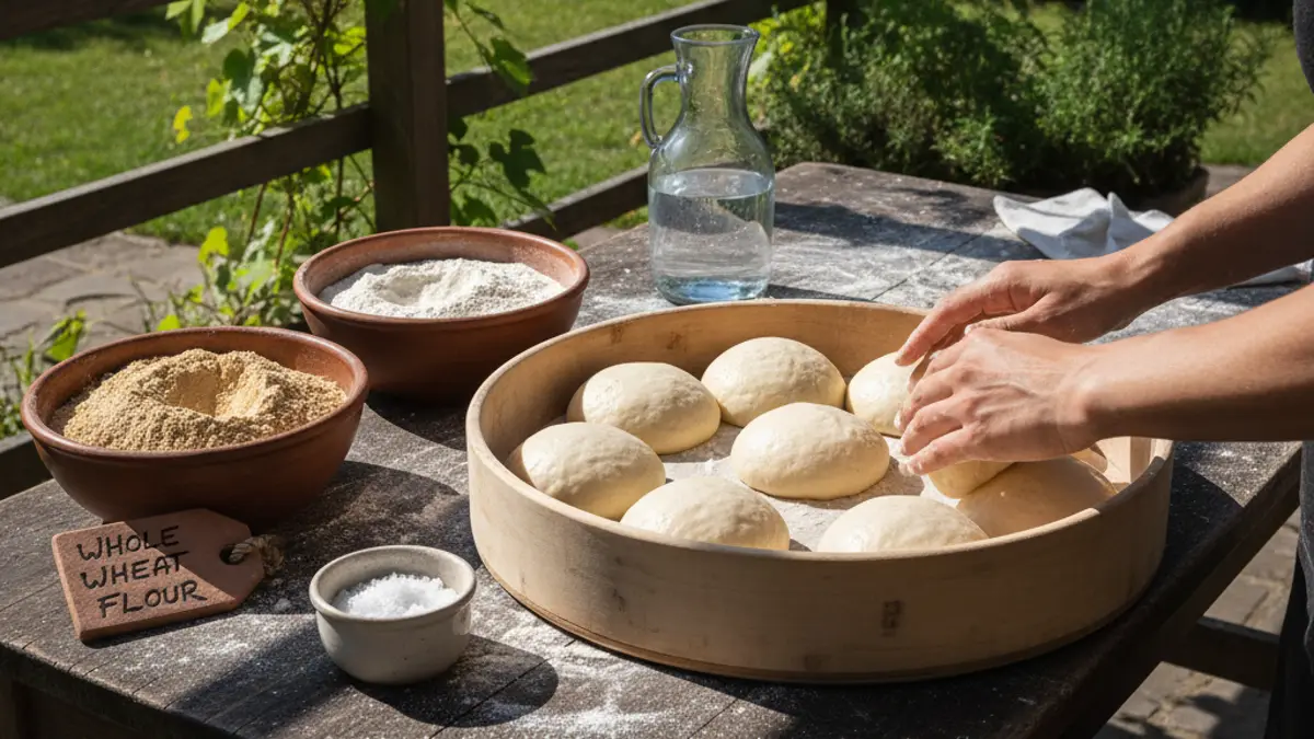Ingrédients pour la pâte à pizza intégrale sur un plan de travail en bois