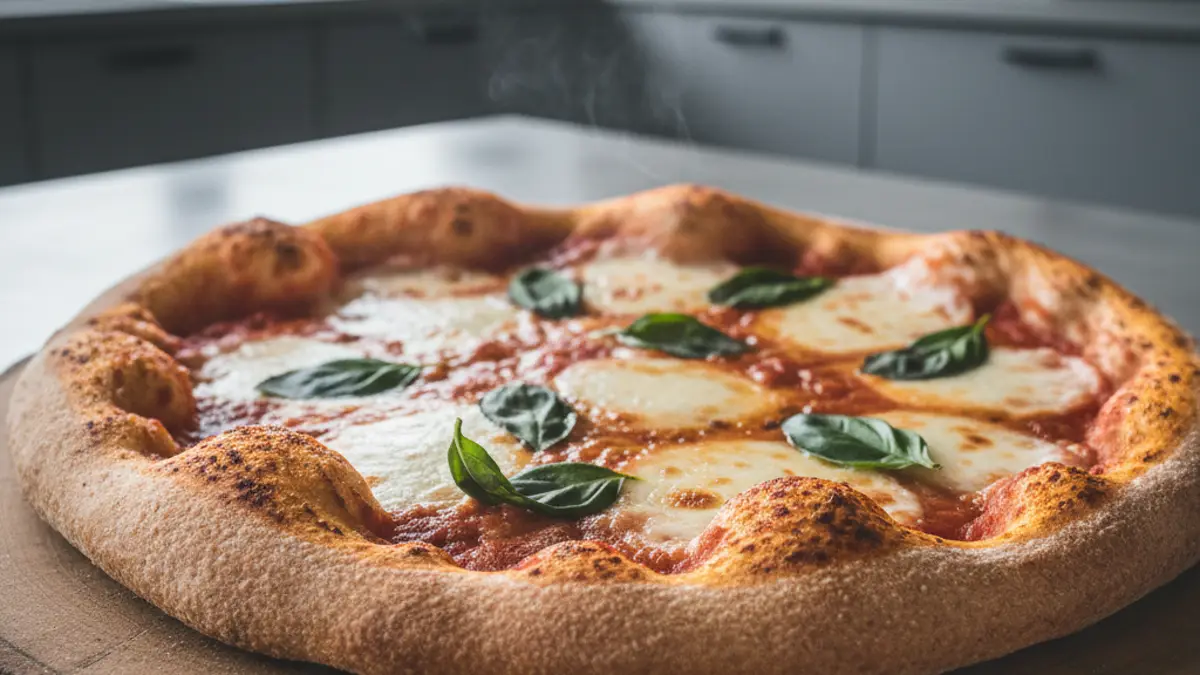 Pizza fraîchement cuite à base de pâte intégrale avec basilic et mozzarella