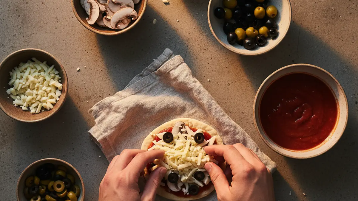 Ramequins avec différentes garnitures à pizza et du fromage râpé sur la table