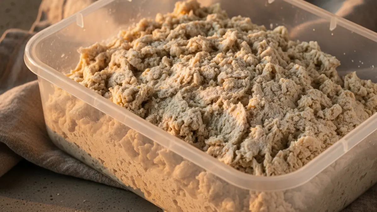 Pré-ferment biga émietté et grumeleux dans un bol mélangeur transparent