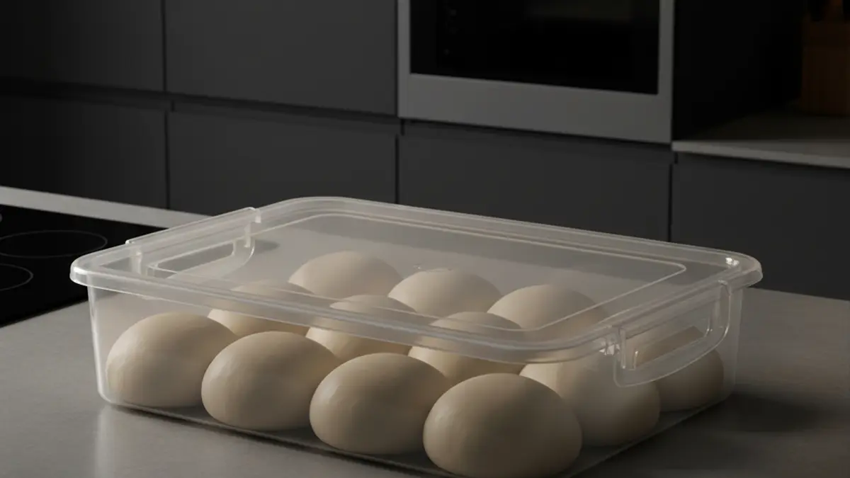Bons pâtons de pâte ronds qui finissent de lever dans un bac à pâtons professionnel