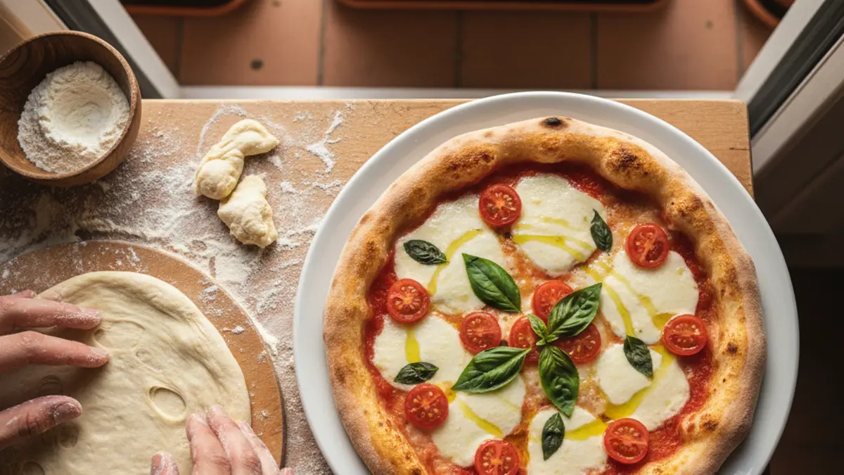 Pizzadeeg vormen met de hand waarbij lucht in de rand blijft