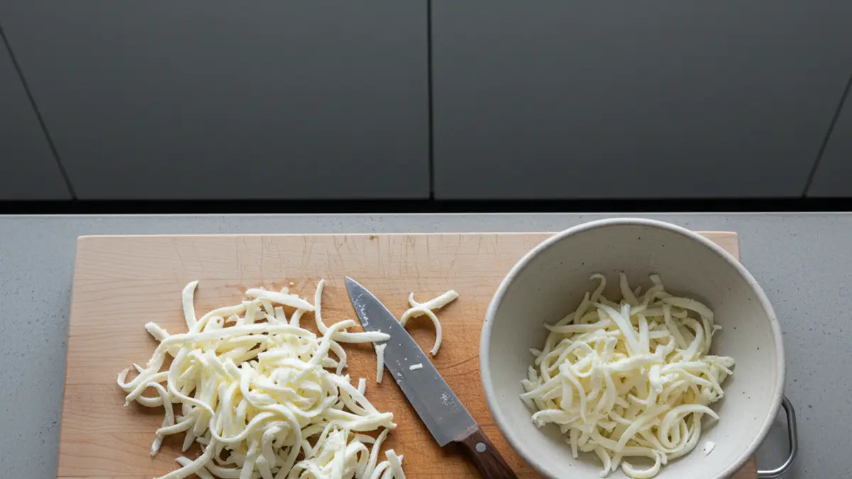 Fins bâtonnets de mozzarella fior di latte sur une planche à découper en bois