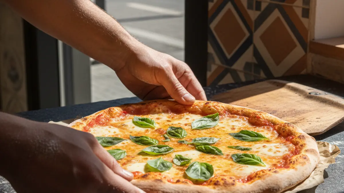Pizza parfaitement cuite avec mozzarella fondue et basilic frais