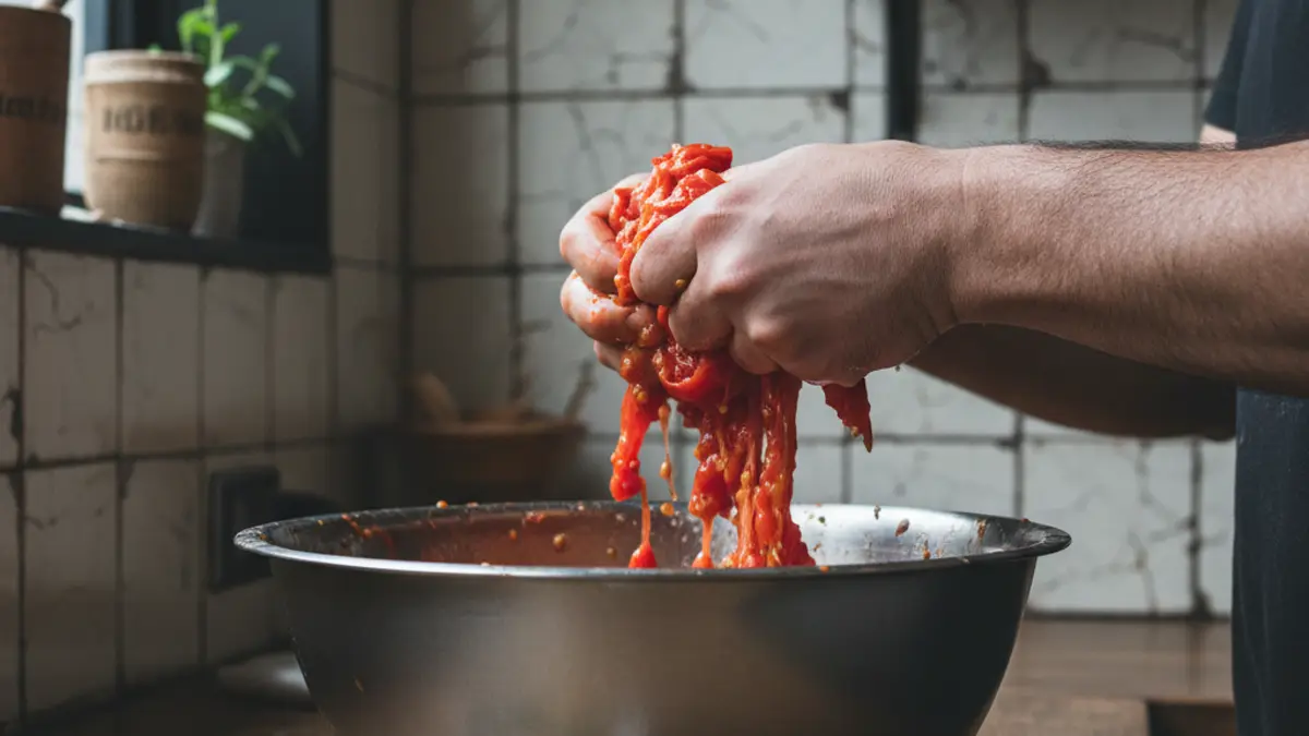Écraser des tomates pelées San Marzano à la main dans un bol en céramique