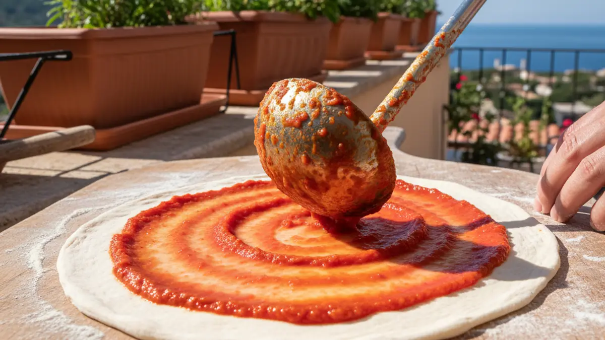 Sauce tomate étalée uniformément en spirale sur de la pâte à pizza