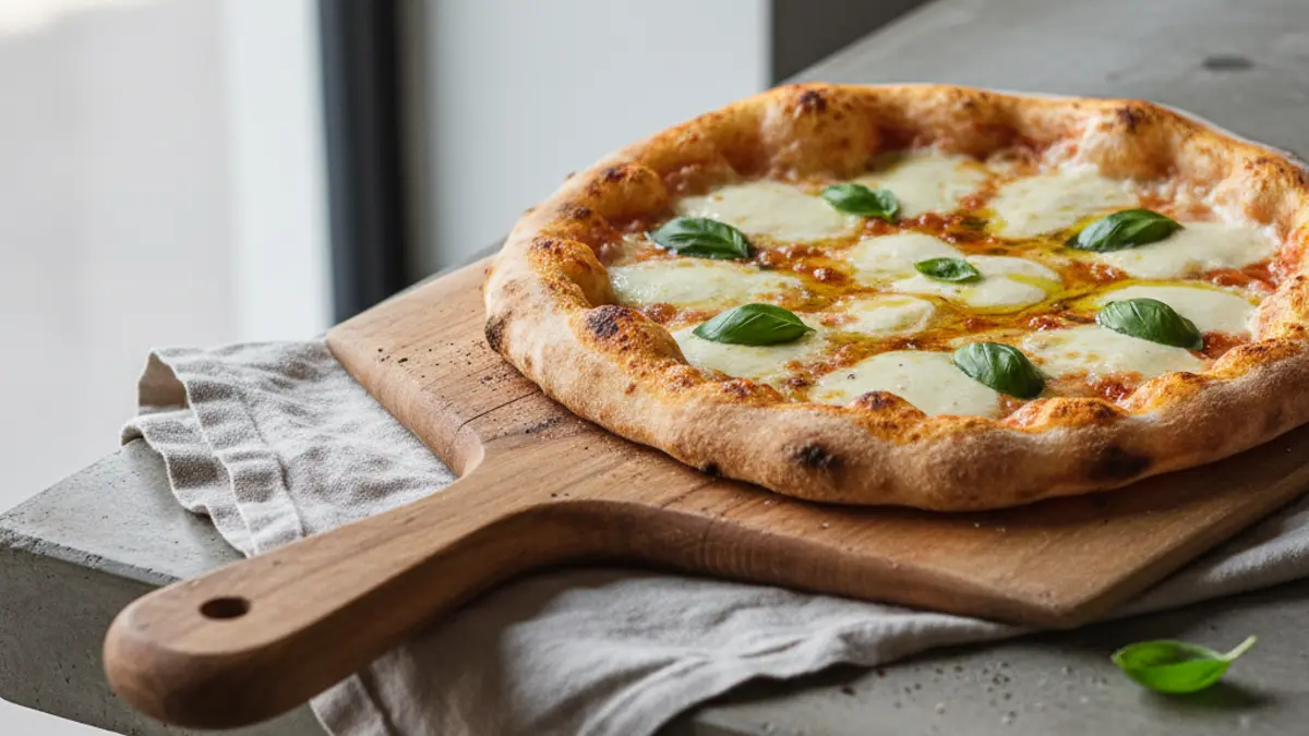 Goudbruin gebakken pizza met gesmolten mozzarella en verse basilicum
